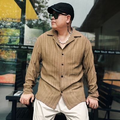 大码潮牌OldMoney帅气显瘦衬衫男休闲初秋宽松镂空上衣300斤胖子