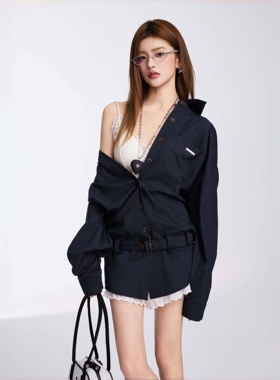 OTEBANBASS25SS腰带条纹衬衫女宽松时尚气质中长款藏蓝色慵懒衬衣