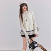 OTEBANBASS法式 小香风网纱波点荷叶边含羊毛马甲针织背心上衣女