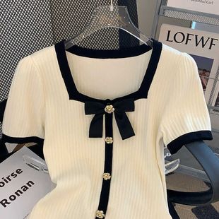新款 小香风白色方领短袖 上衣女2025夏季 短款 蝴蝶结T恤 冰丝针织衫