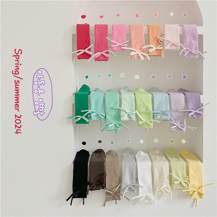 春季新款糖果色蝴蝶结儿童中筒袜 亮色系清新女童透气棉袜子公主