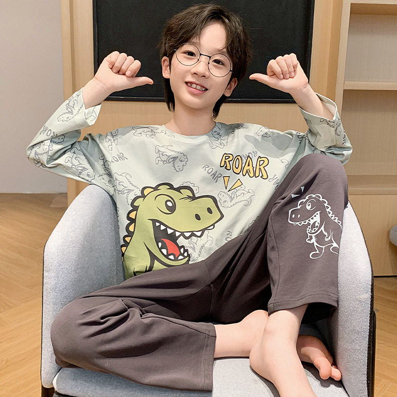 纯棉儿童睡衣春秋季韩版男童可爱卡通圆领长袖薄款中小大童家居服