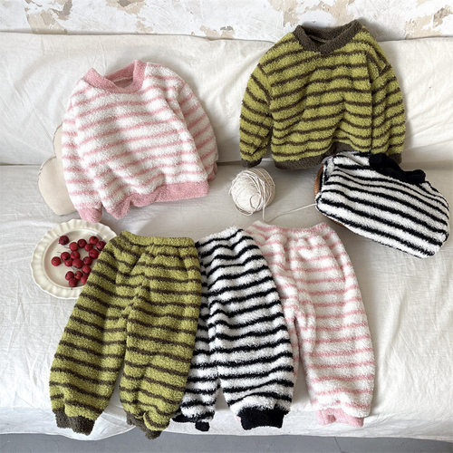 男童秋冬加绒睡衣套装2024新款女宝宝加厚珊瑚绒保暖家居服两件套