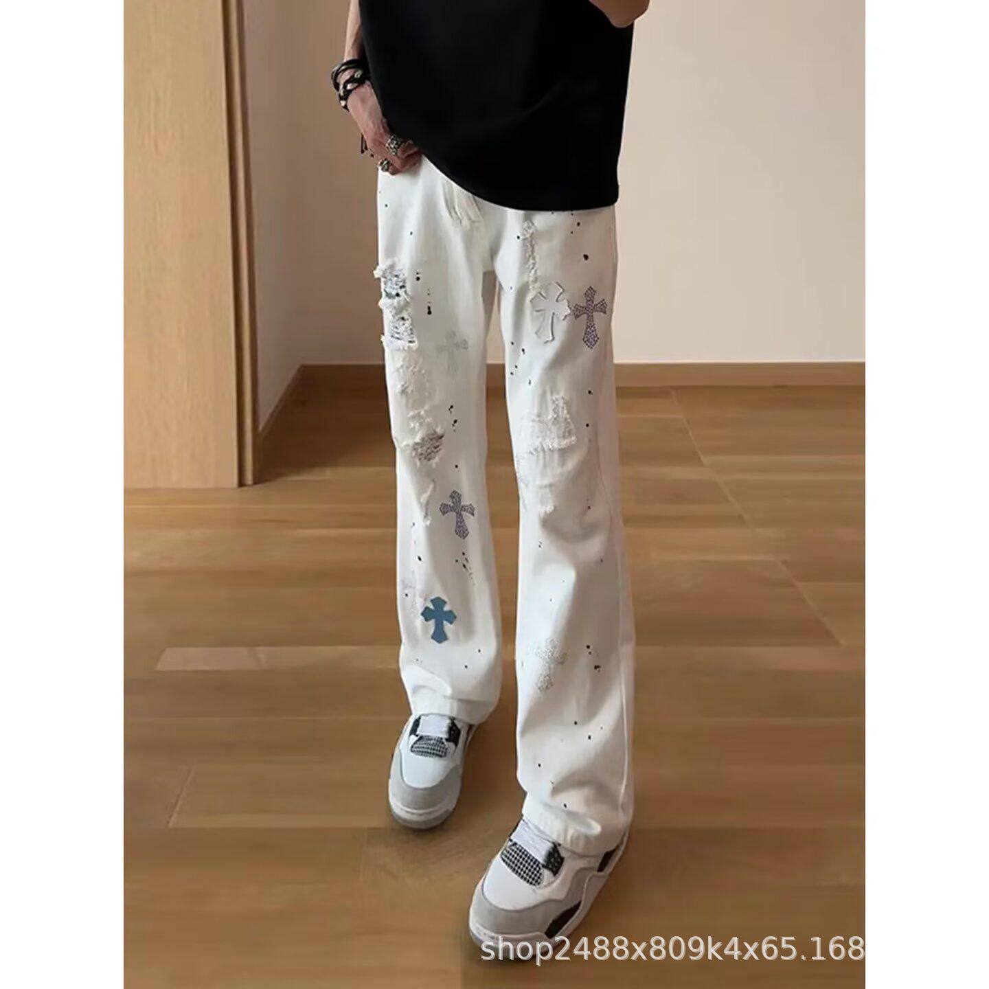 美式高街十字架烫钻牛仔裤夏季男生ootd穿搭裤子潮牌显瘦直筒长裤