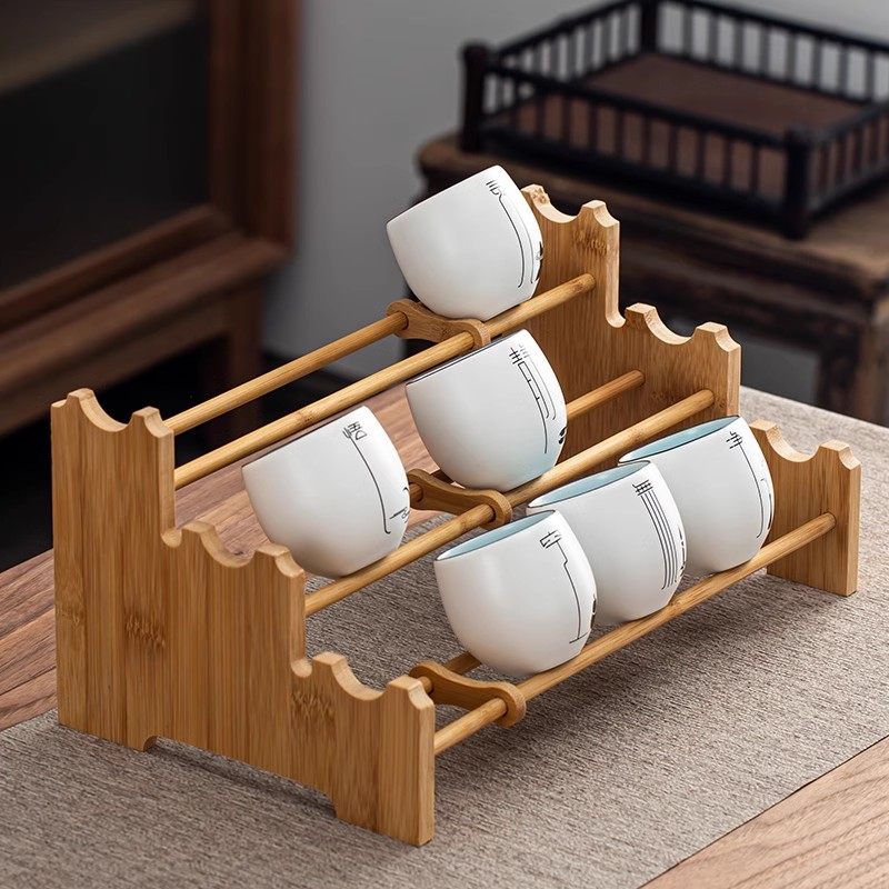 竹制功夫茶杯收纳架单层晾杯架茶具黑檀木沥水置物架杯托茶道配件