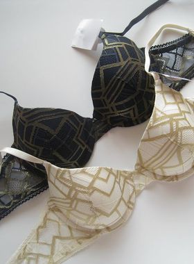 欧美单金色闪丝薄棉罩杯有钢圈V型75B80AC85C文胸蓝黑色乳白色