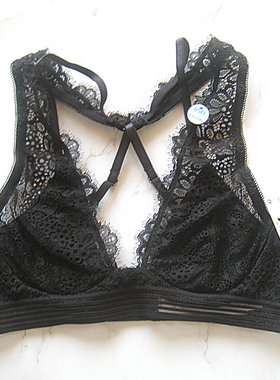 欧美单黑色超薄蕾丝无海绵有钢圈美背文胸内衣70B