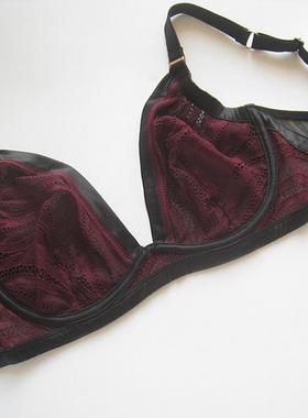 欧美单PS~薄款有钢圈暗红色拼黑色蕾丝网纱文胸内衣70E内搭
