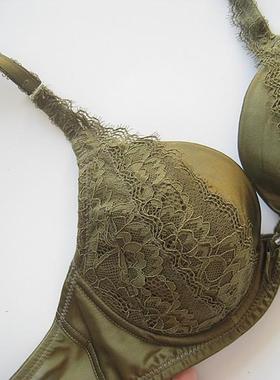 军绿色帅气的颜色~弹力缎面拼蕾丝有钢圈薄棉罩杯文胸内搭胸衣75A
