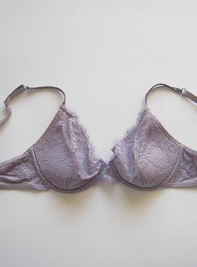 欧~紫灰色蕾丝有钢圈薄棉罩杯微聚拢文胸内衣80BC85D