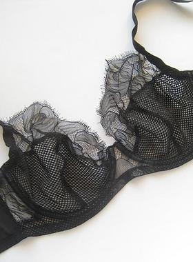 欧美单薄款有钢圈黑色蕾丝拼网纱大胸内衣85E