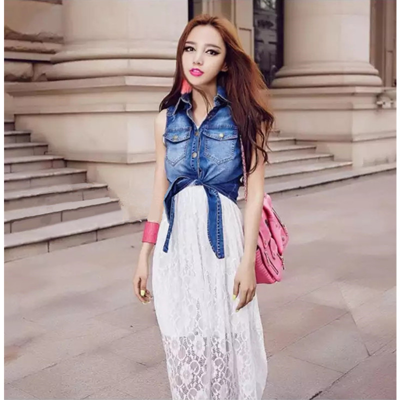 夏季牛仔外套上衣系带蕾丝连衣裙修身长裙两件套裙女时尚高腰镂空