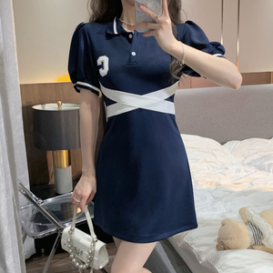 PS25489# 大码女装胖MM网红POLO领学院绑带显瘦连衣裙 服装批发女装直播货源