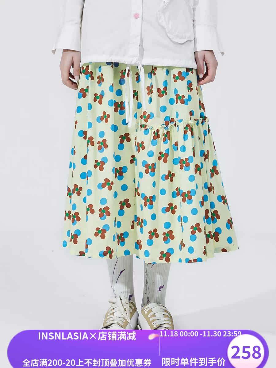 INSNLASIA Original Retro Double-layer Color Matching Polka-dot Skirt Trendy Brand Female Mori Sweet Floral Skirt