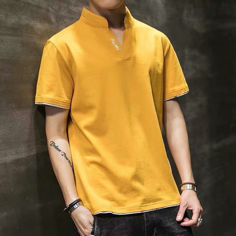 男士夏季青年修身立领短袖t恤