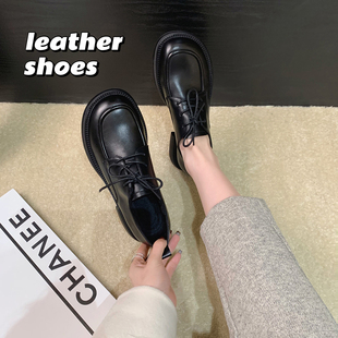 2026春季新款英伦风圆头复古小皮鞋女系带厚底一脚蹬乐福鞋单鞋女