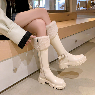 白色不过膝高筒靴羊羔绒厚底长靴小个子长筒靴加绒加厚雪地靴女