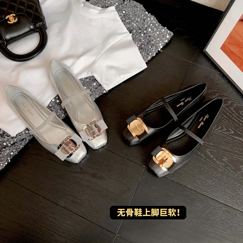 2024新品 菲家银色方头蝴蝶结一字带芭蕾舞鞋 软底平底单鞋猪鼻鞋