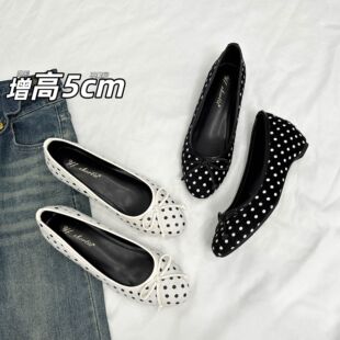 增高5CM蝴蝶结波点平底单鞋女2025新款小香风一脚蹬绒面玛丽珍鞋