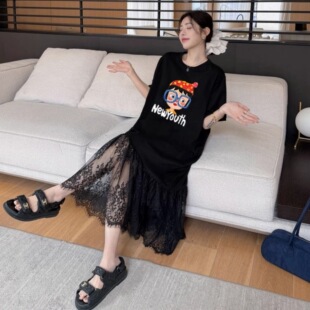 韩版大码连衣裙女夏宽松胖mm显瘦遮肚藏肉减龄拼接长款T恤鱼尾裙