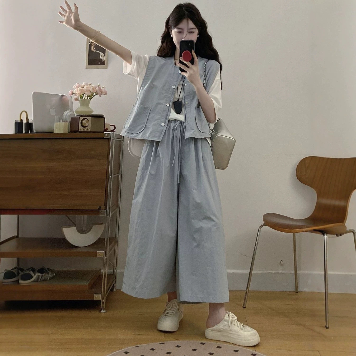 夏季薄款高腰阔腿裤两件套女小个子显瘦遮肉韩系减龄显高两件套装