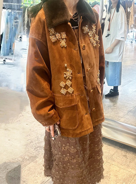 设计师买手店美拉德南油高品质钉珠镶钻麂皮绒外套可脱卸毛领大衣