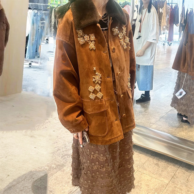 设计师买手店美拉德南油高品质钉珠镶钻麂皮绒外套可脱卸毛领大衣
