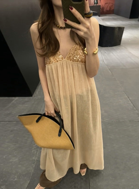 设计师买手店25时髦亮片拼接亚麻吊带裙千金风度假连衣裙挂脖长裙