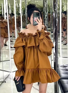 设计师买手店娜扎同款一字肩荷叶领连衣裙蓬蓬裙蛋糕裙高级娃娃裙