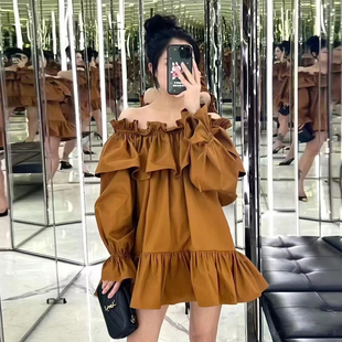 设计师买手店娜扎同款 一字肩荷叶领连衣裙蓬蓬裙蛋糕裙高级娃娃裙