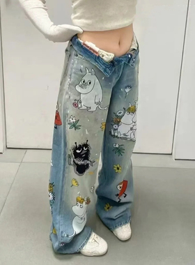 设计师买手店早秋动漫花朵卡通河马印花牛仔裤阔腿潮款涂鸦长裤女