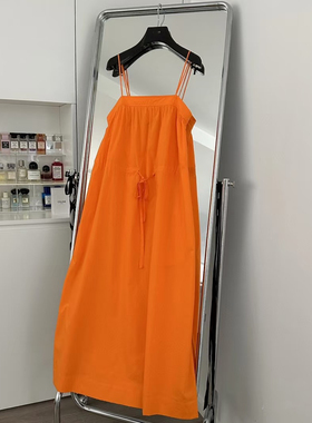 设计师买手店夏季橙色腰部系带棉府绸吊带连衣裙温柔时髦少女短裙