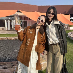 设计师买手店美拉德南油高品质钉珠镶钻麂皮绒外套可脱卸毛领大衣