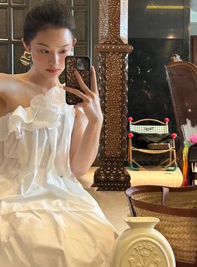 设计师买手店韩国小众斜肩花朵褶皱露肩挂脖衬衫花苞度假背心上衣