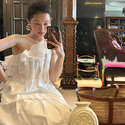 设计师买手店韩国小众斜肩花朵褶皱露肩挂脖衬衫花苞度假背心上衣