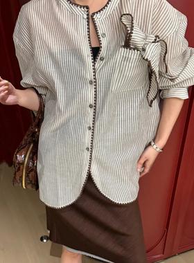 设计师买手店早秋竖条纹圆领长袖衬衫薄款慵懒撞色边围巾衬衣上衣