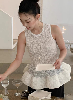 设计师买手店韩国棉质肌理感无袖上衣立体花苞荷叶边宽下摆背心女