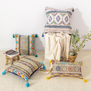 进口手工编织几何抱枕流苏纯棉经典护腰床头现代客厅卧室沙发靠垫