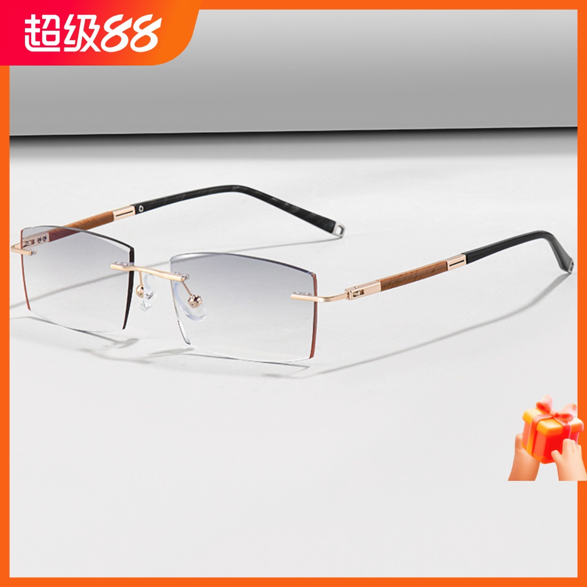 配钻石切边无框金色眼镜仿檀木纯钛男款变色镜0009近视镜平光潮款