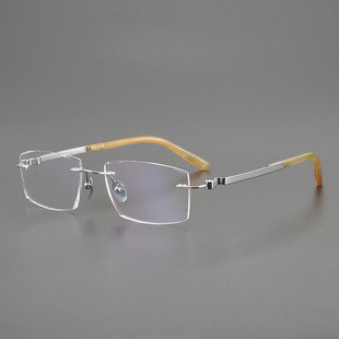 剑走偏锋！非洲牛角纯钛男潮商务近视女钻石切边无框眼镜框架