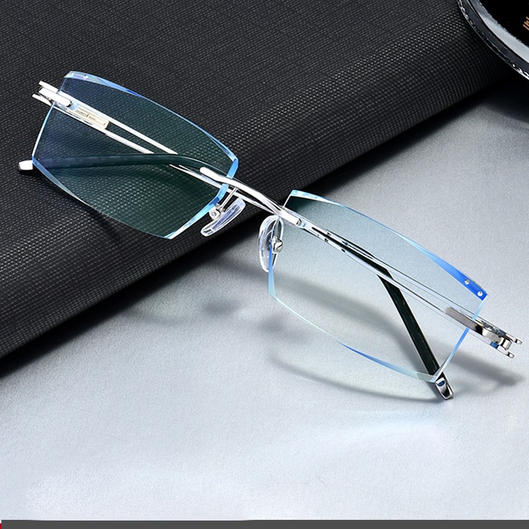 配近视眼镜男成品 钻石切边无框眼睛架平光变色无螺丝防辐射眼镜