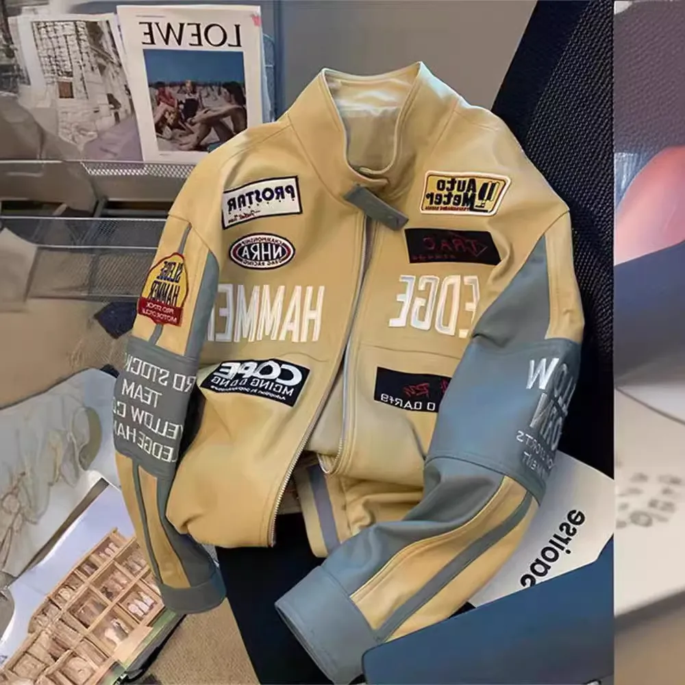 美式潮牌亚马逊刺绣pu皮棒球服男女秋季高街vintag痞帅赛车服外套