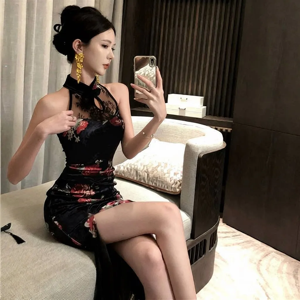 新中式国风改良旗袍蕾丝拼接丝绒印花无袖包臀连衣裙 春季女装