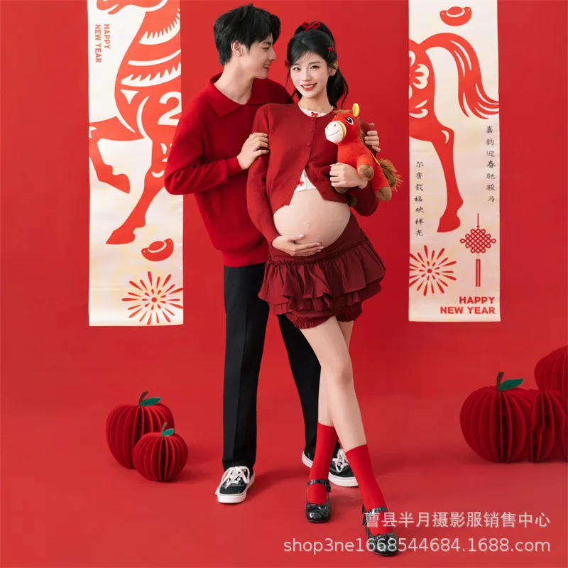 影楼新年红色孕妇拍照服装新款圣诞主题可爱慵懒风在家拍摄影衣服