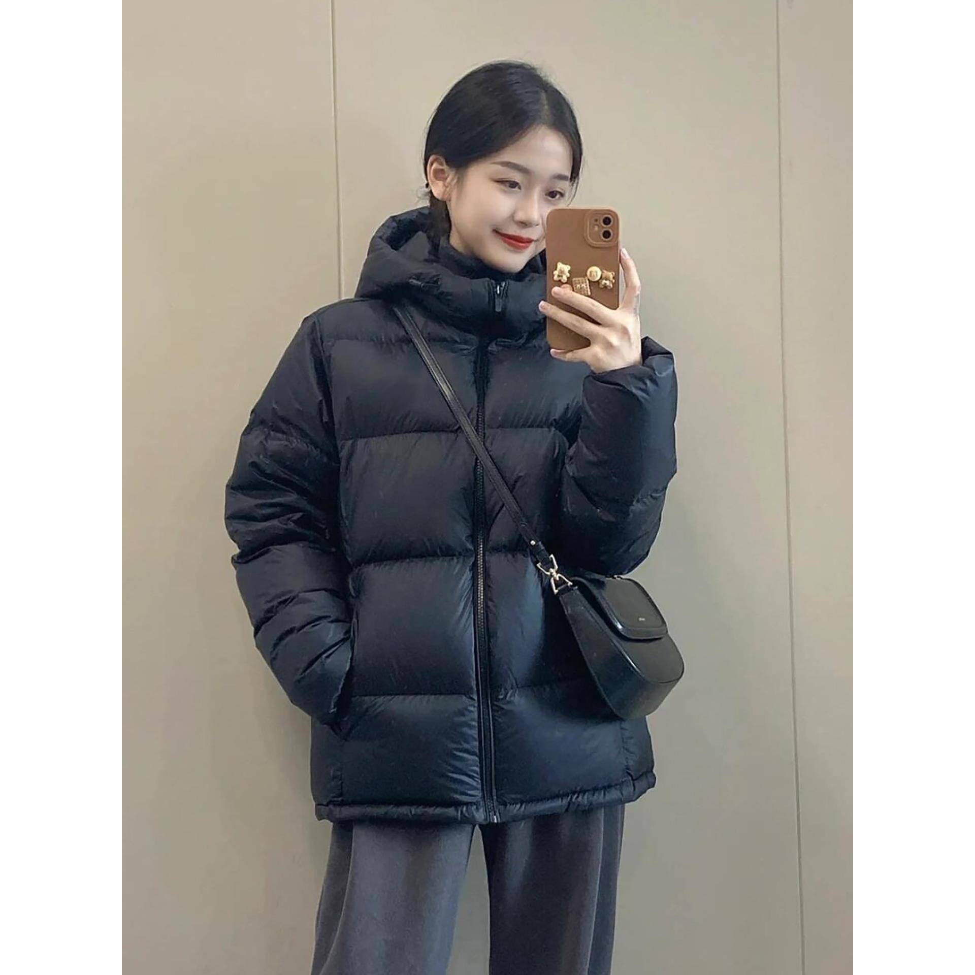 黑色羽绒服短款女2025冬季新款连帽白鸭绒保暖面包服情侣加厚外套