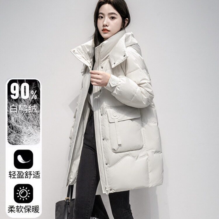 撤柜外贸正品中长款羽绒服女2025冬新款白鸭绒连帽加厚保暖外套
