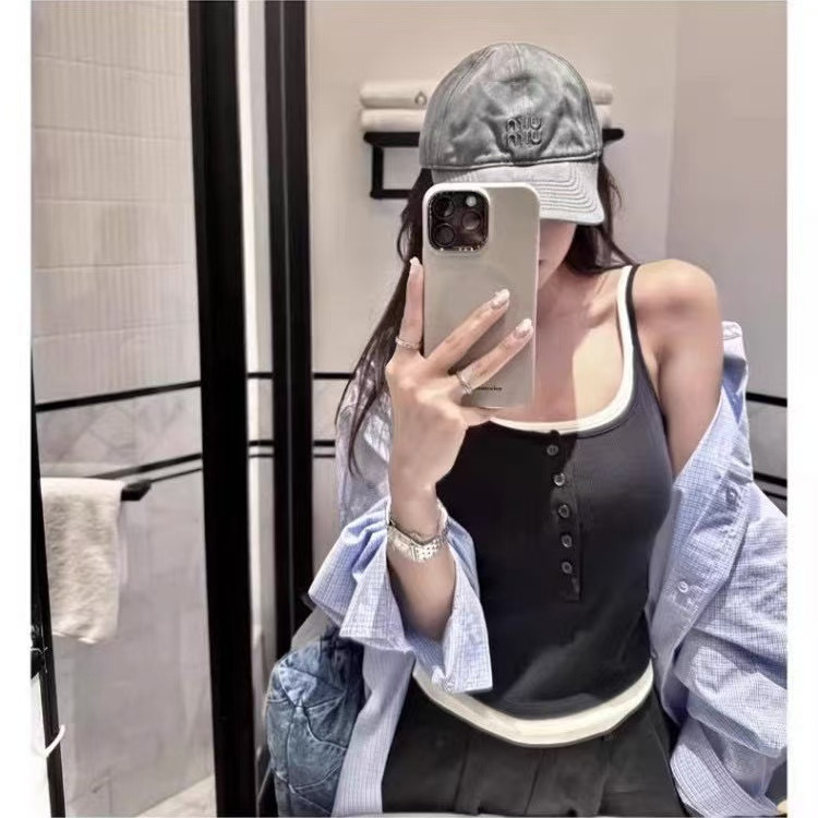 纯棉扭扣设计感运动背心吊带