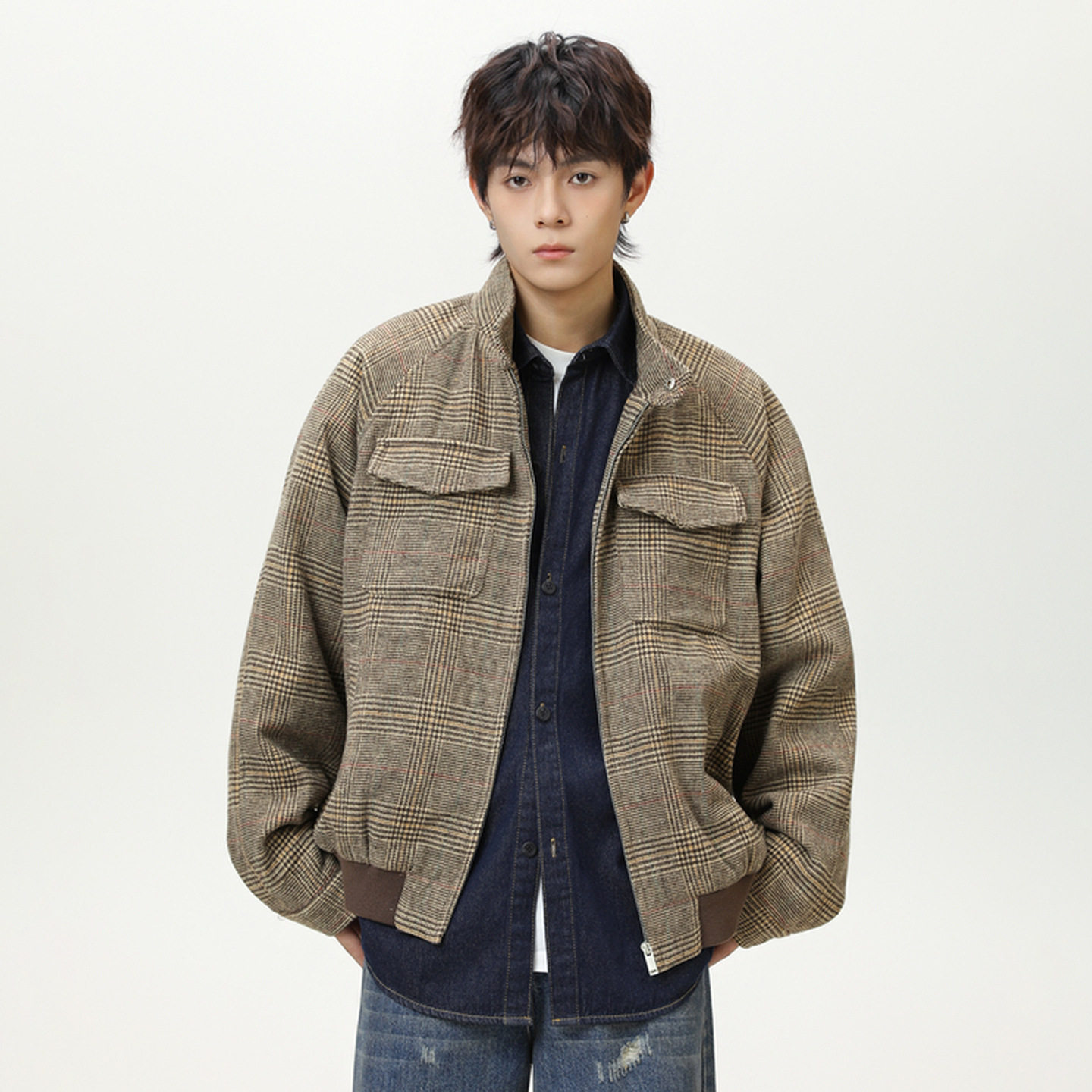 JY STYLE 复古美拉德千鸟格哈灵顿夹克秋季新款短宽立领格子外套