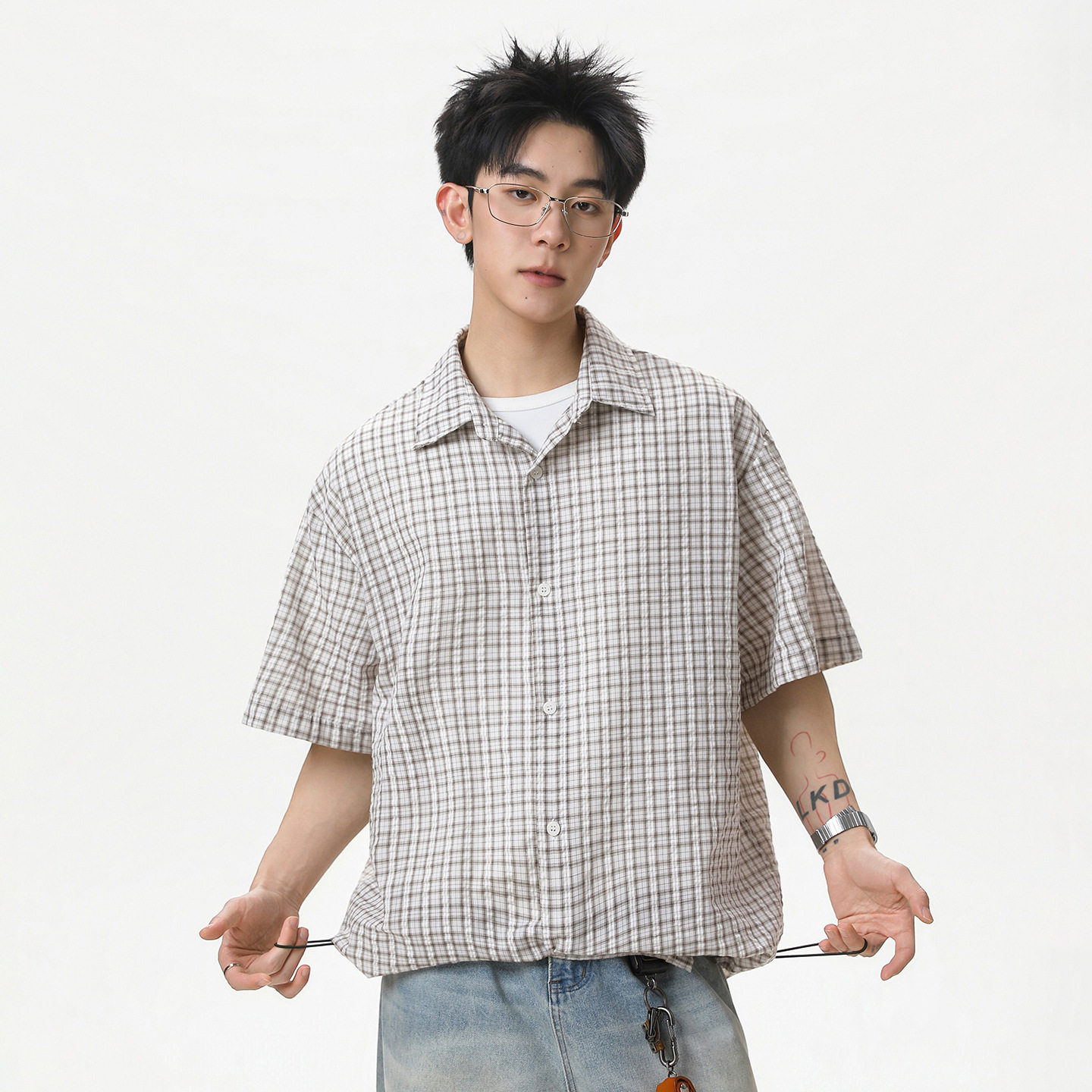 JY STYLE 撞色格子boxy短袖衬衫下摆可调宽松休闲小格纹衬衣图片