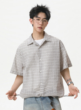 JY STYLE 撞色格子boxy短袖衬衫下摆可调宽松休闲小格纹衬衣